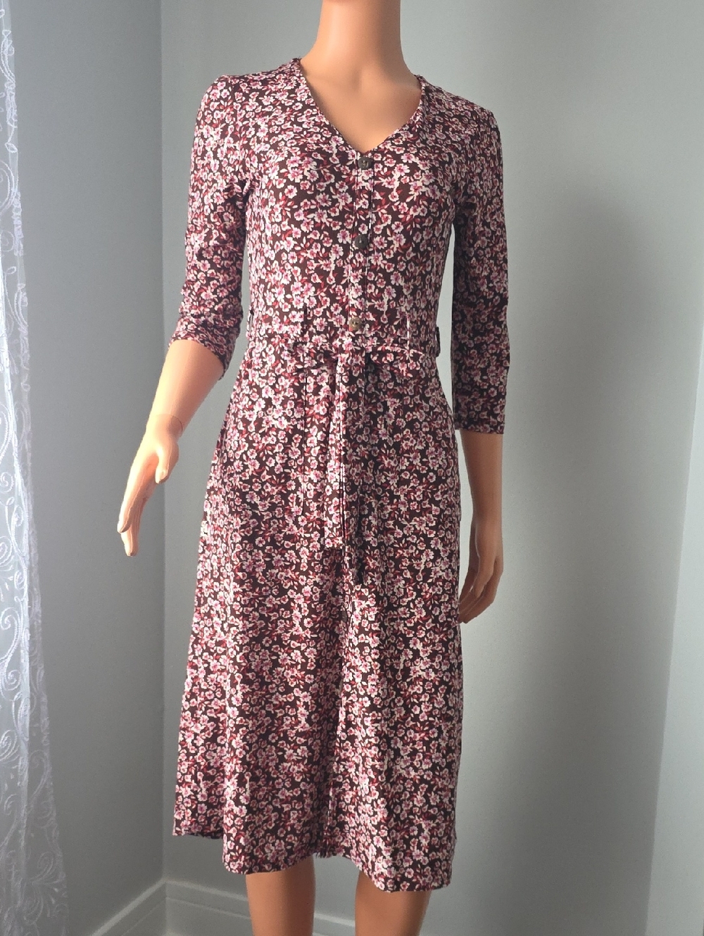 Floral V-Neck Midi Dress in Burgundy and Pink